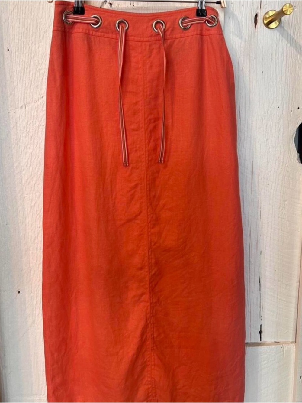 100% Linen Women's Orange/ Pink Drawstring Waist Midi Skirt